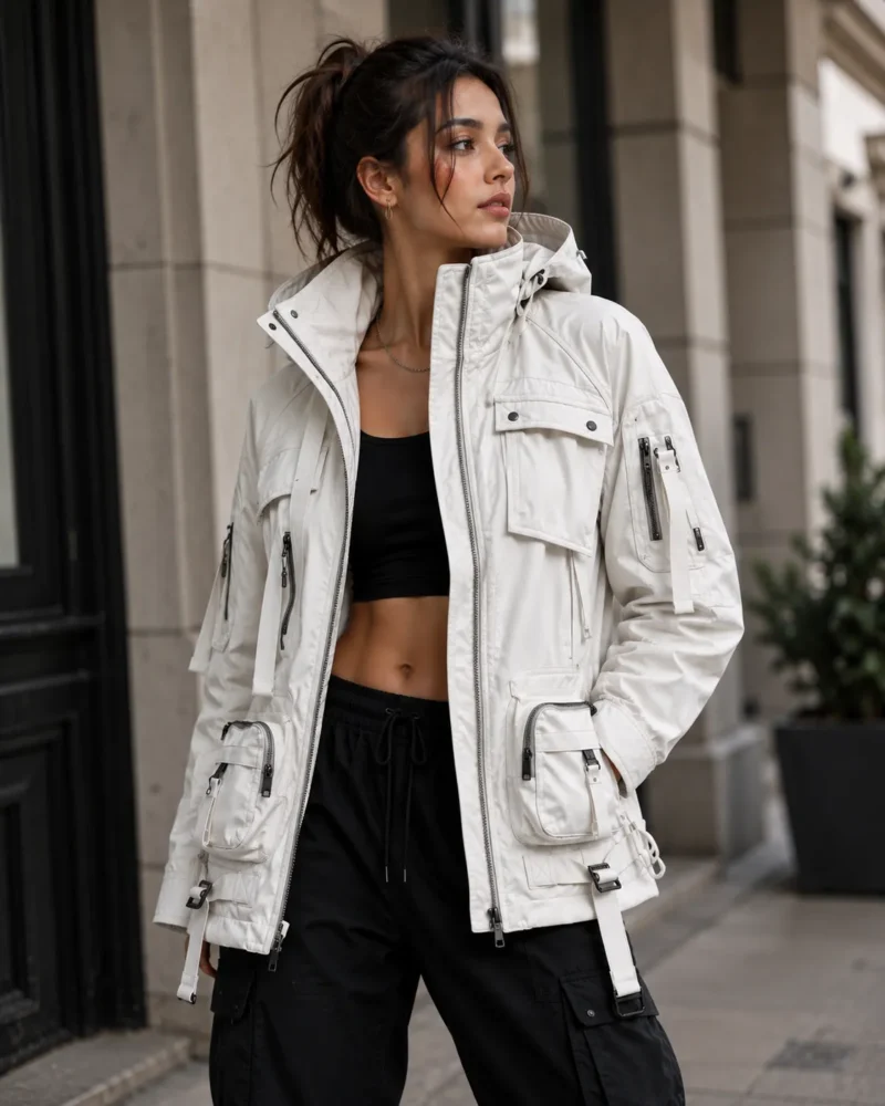 Women's white techwear jacket styled for futuristic streetwear, featuring multiple utility pockets, zip closures, adjustable straps, hood and a modern technical silhouette.