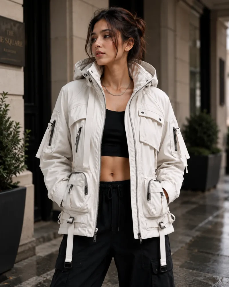 Close-up of a women's techwear jacket showing utility cargo pockets, black zippers, adjustable straps, metal buckles, structured stitching and technical garment details.