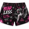 custom-athletic-shorts-back Back view of women's custom athletic shorts with an all-over black, pink and white graphic print, elastic waistband, drawstring closure and contrasting white side trim.