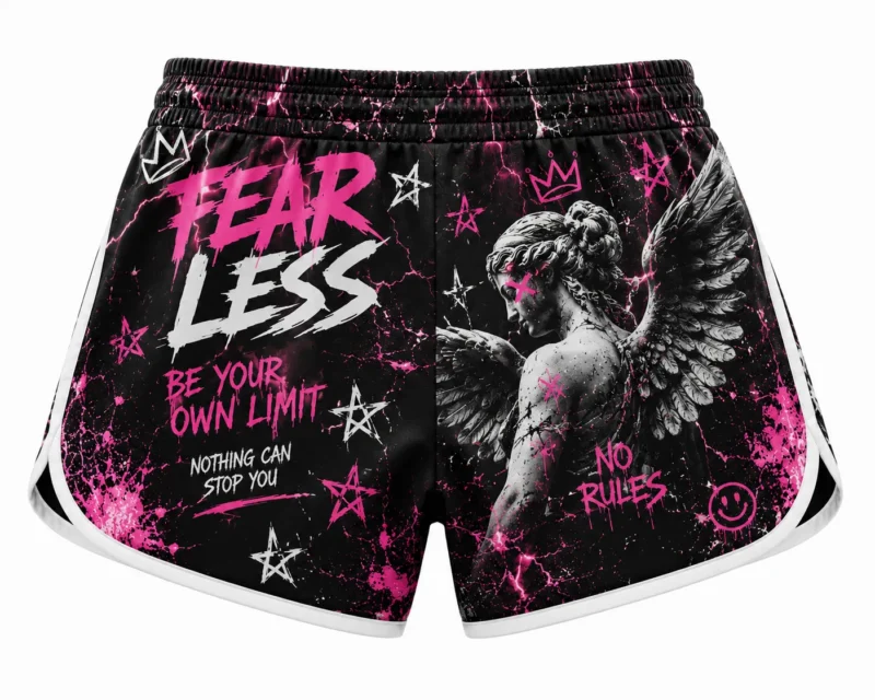 custom-athletic-shorts-back Back view of women's custom athletic shorts with an all-over black, pink and white graphic print, elastic waistband, drawstring closure and contrasting white side trim.