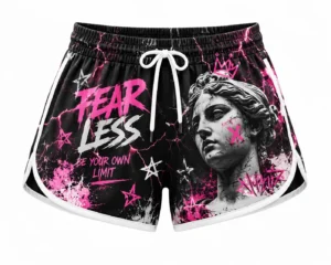 Women's custom athletic shorts featuring a black, pink and white graphic design, elastic waistband, white drawstring, contrast side piping and bold artistic artwork.