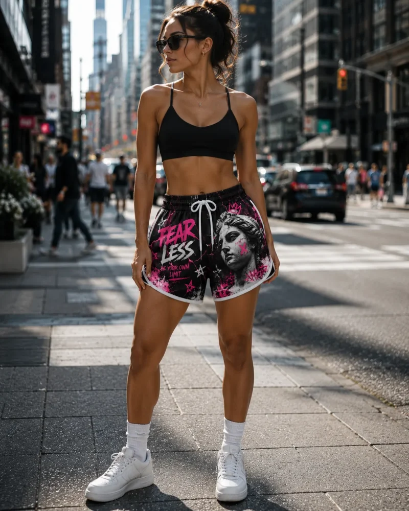women-wearing-custom-athletic-shorts Close-up of women's custom athletic shorts showing detailed graphic printing, artistic statue artwork, pink lightning effects, elastic waistband, drawstring and contrast side trim.