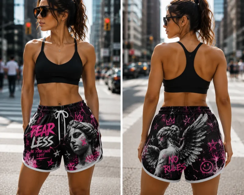 womens-custom-athletic-shorts-streetwear Women's custom athletic shorts styled for streetwear, featuring an all-over graphic print, elastic waistband, white drawstring, contrast trim and a bold contemporary design.